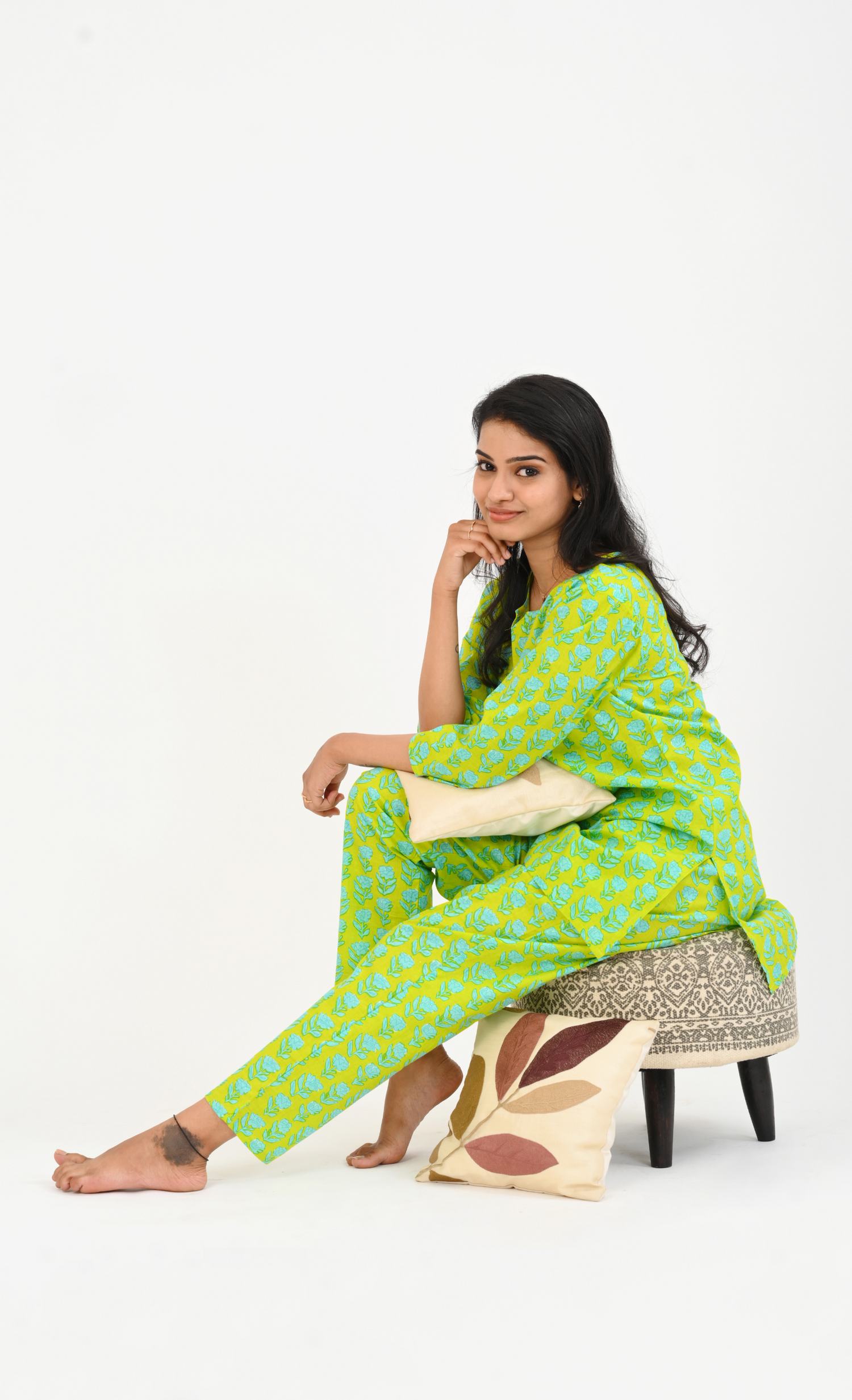 Lime Green Cotton Printed Pyjama Set