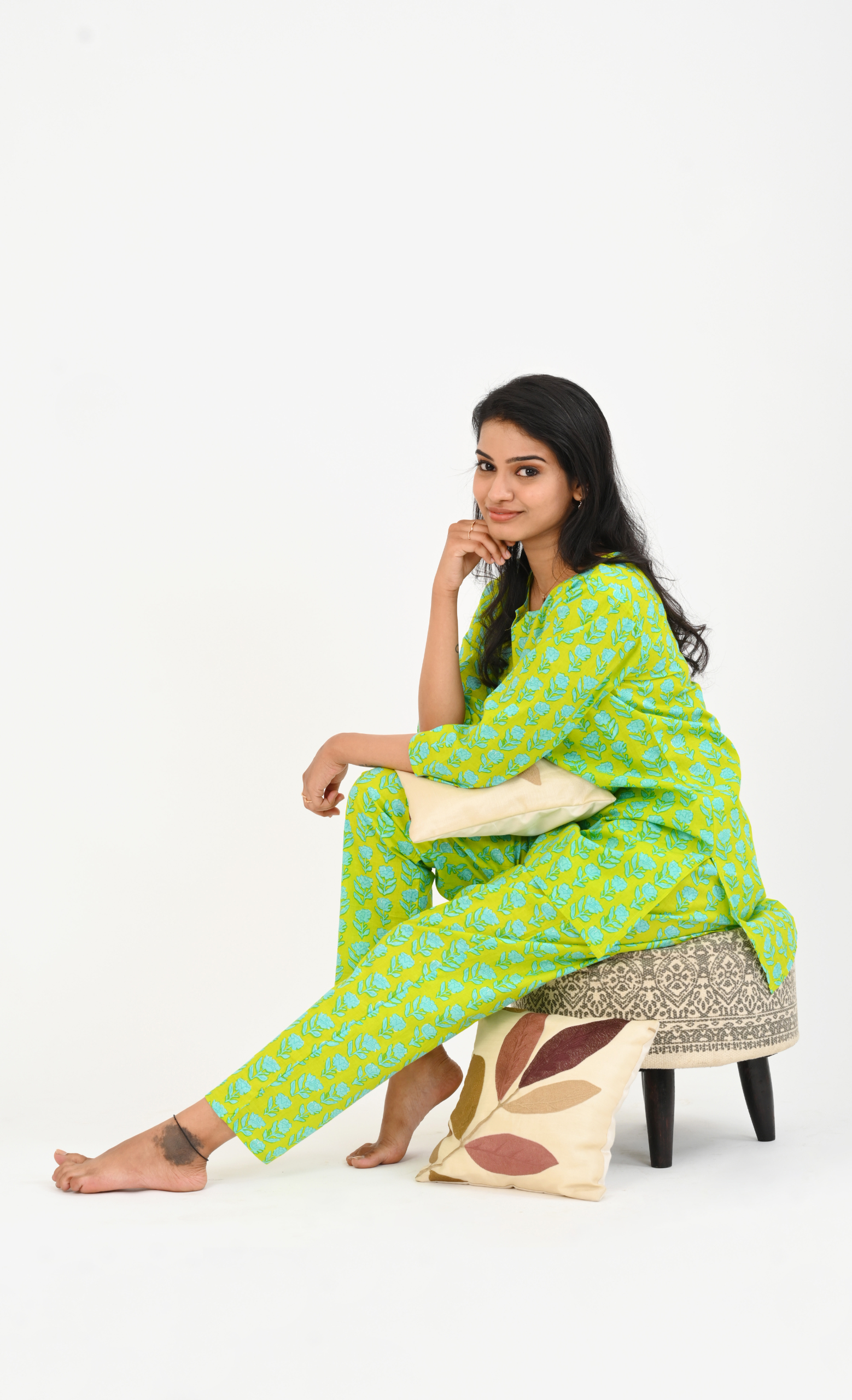 Lime Green Cotton Printed Pyjama Set
