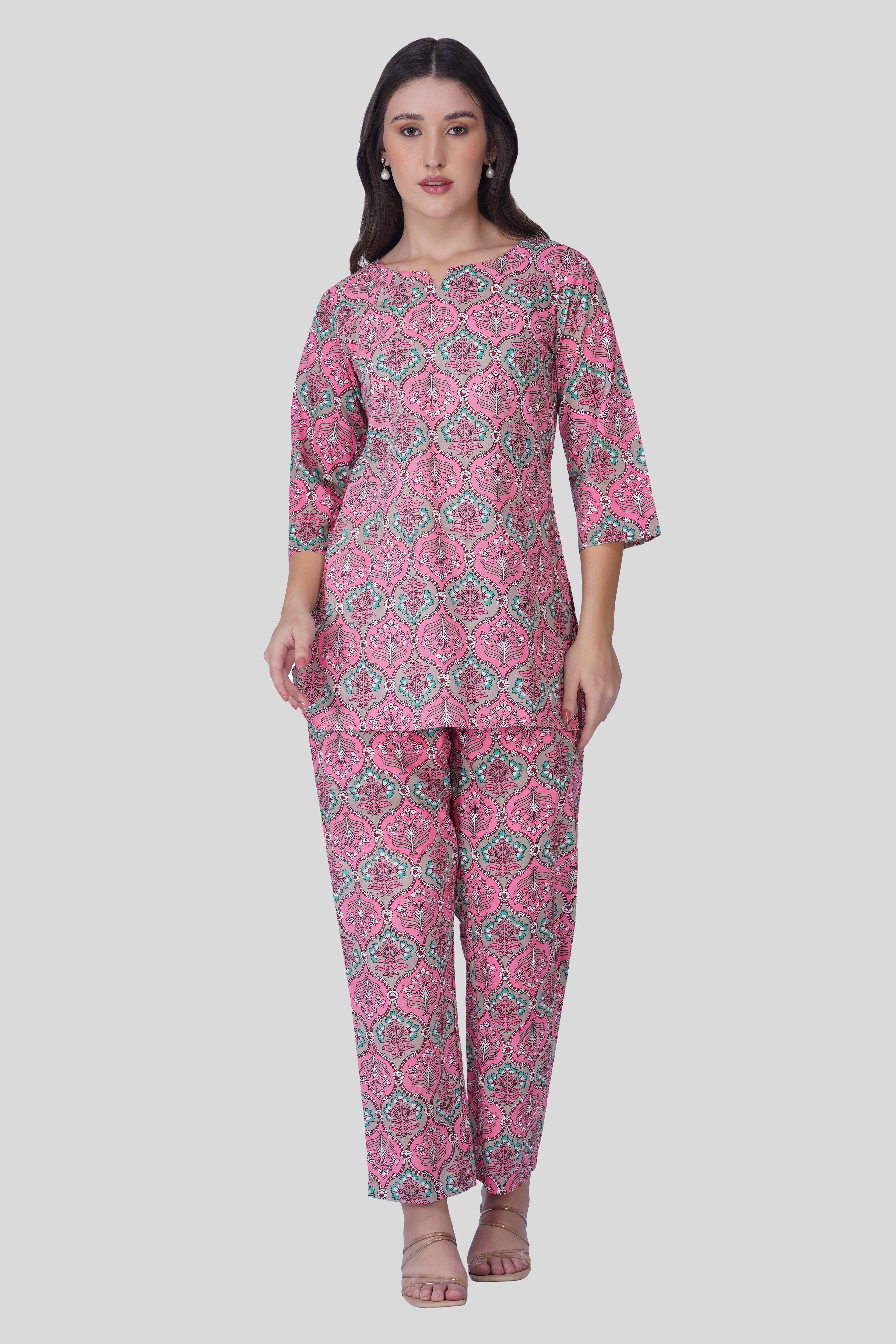 Dusty Pink Cotton Printed Pyjama Set