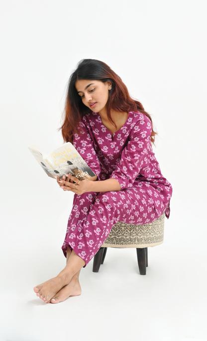 Mulberry Purple Cotton Printed Pyjama Set