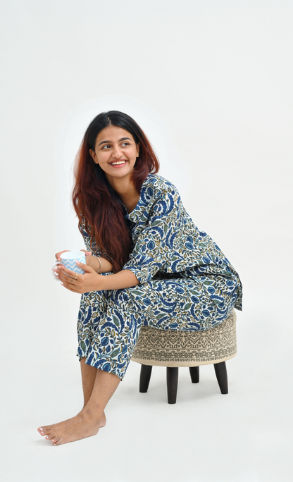 Regal Blue Cotton Printed Pyjama Set