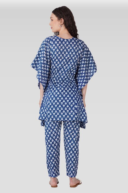Navy Blue Cotton Printed Maternity and Feeding Kaftan Set