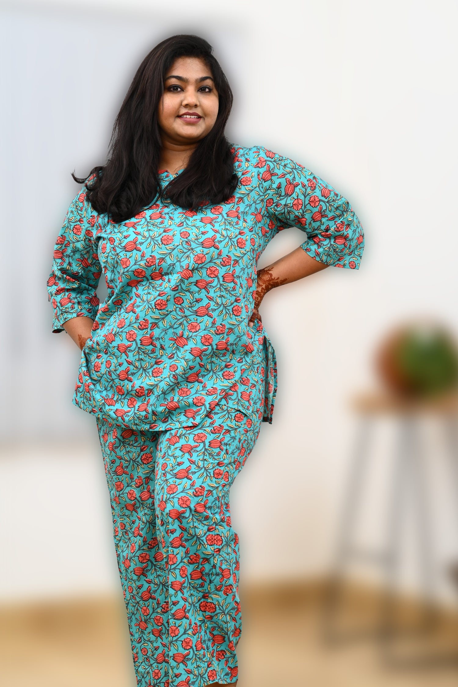 Aqua Blue Plus Size Cotton Printed Pyjama Set