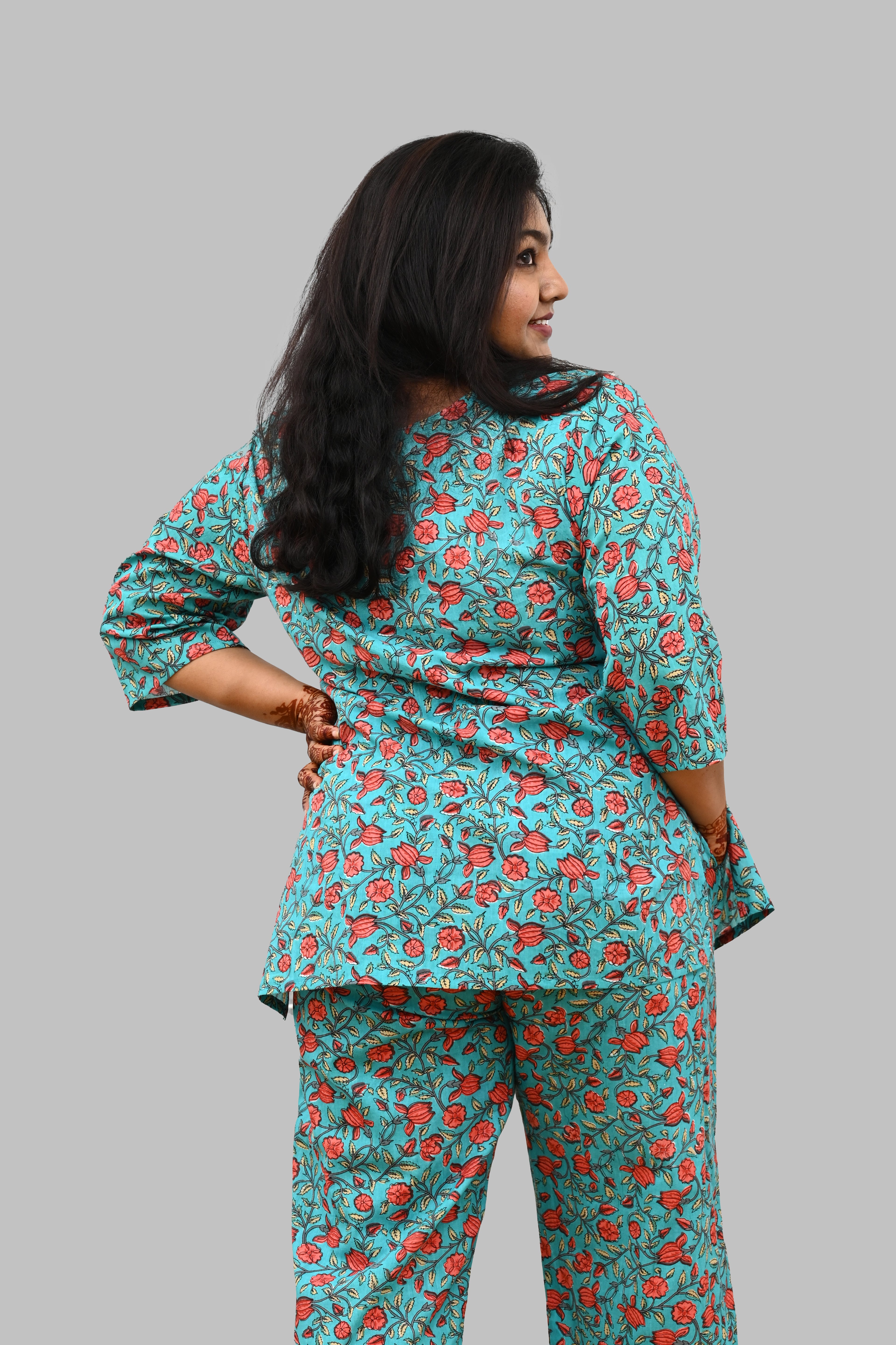 Aqua Blue Plus Size Cotton Printed Pyjama Set