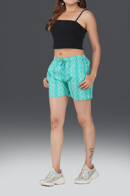 Aqua Green Cotton Printed Shorts