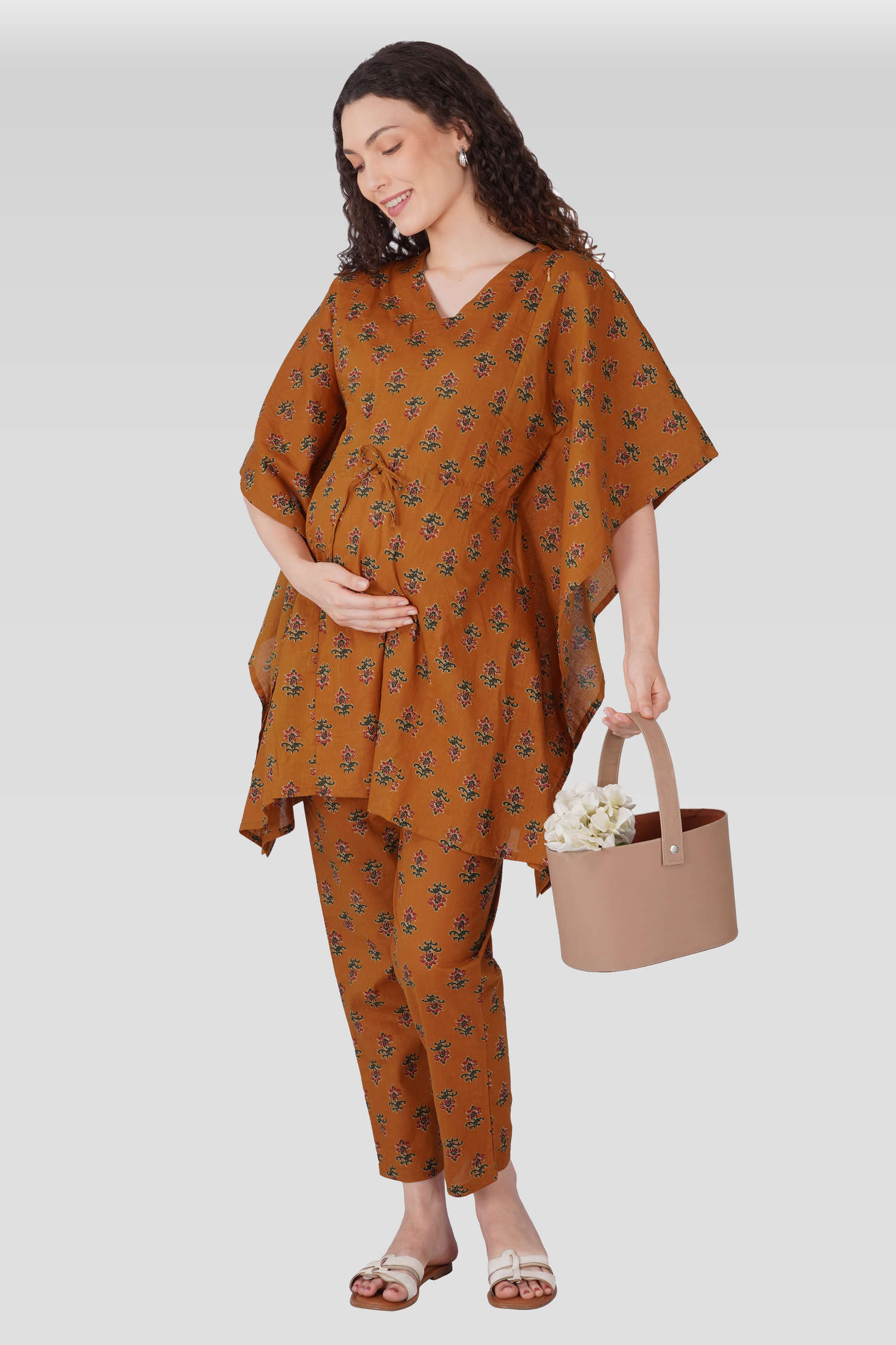Amber Glow Cotton Printed Maternity and Feeding Kaftan Set