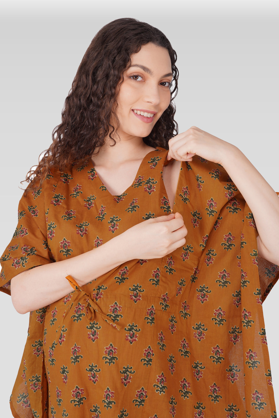 Amber Glow Cotton Printed Maternity and Feeding Kaftan Set