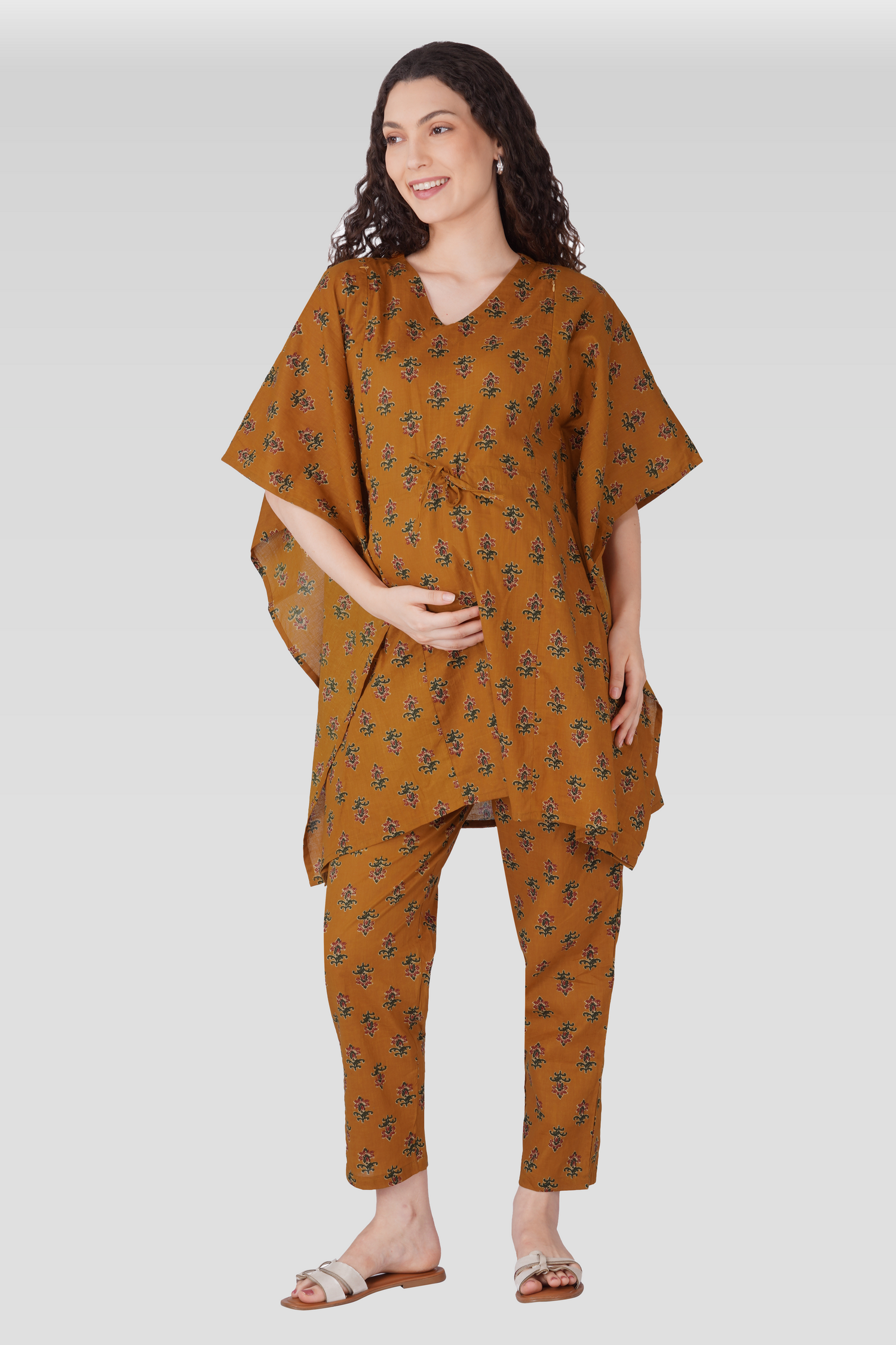 Amber Glow Cotton Printed Maternity and Feeding Kaftan Set