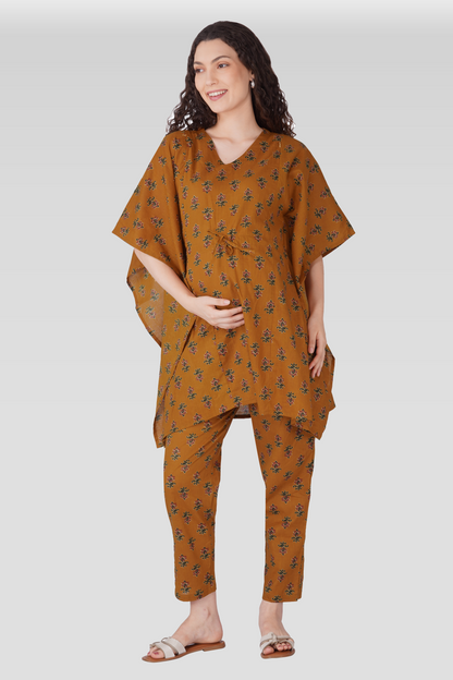 Amber Glow Cotton Printed Maternity and Feeding Kaftan Set