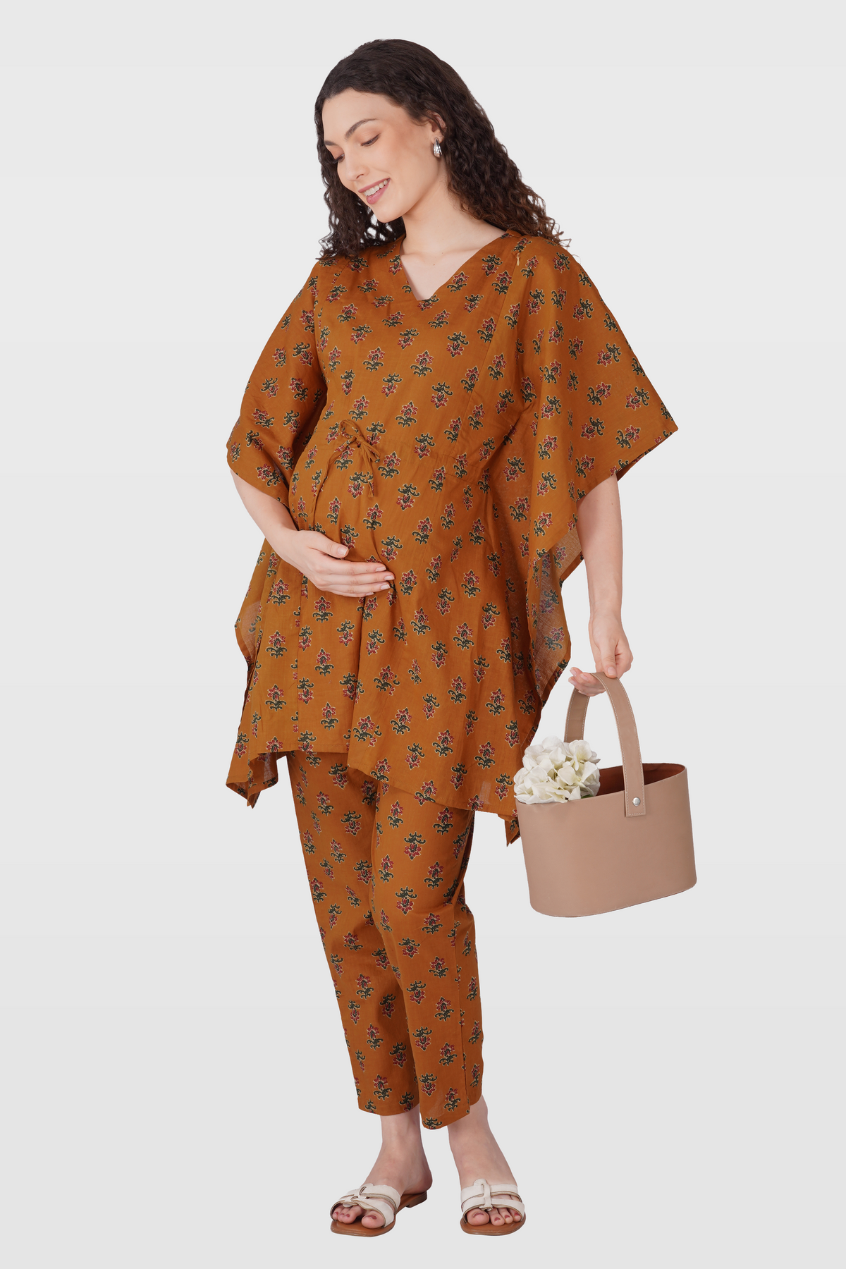 Amber Glow Cotton Printed Maternity and Feeding Kaftan Set