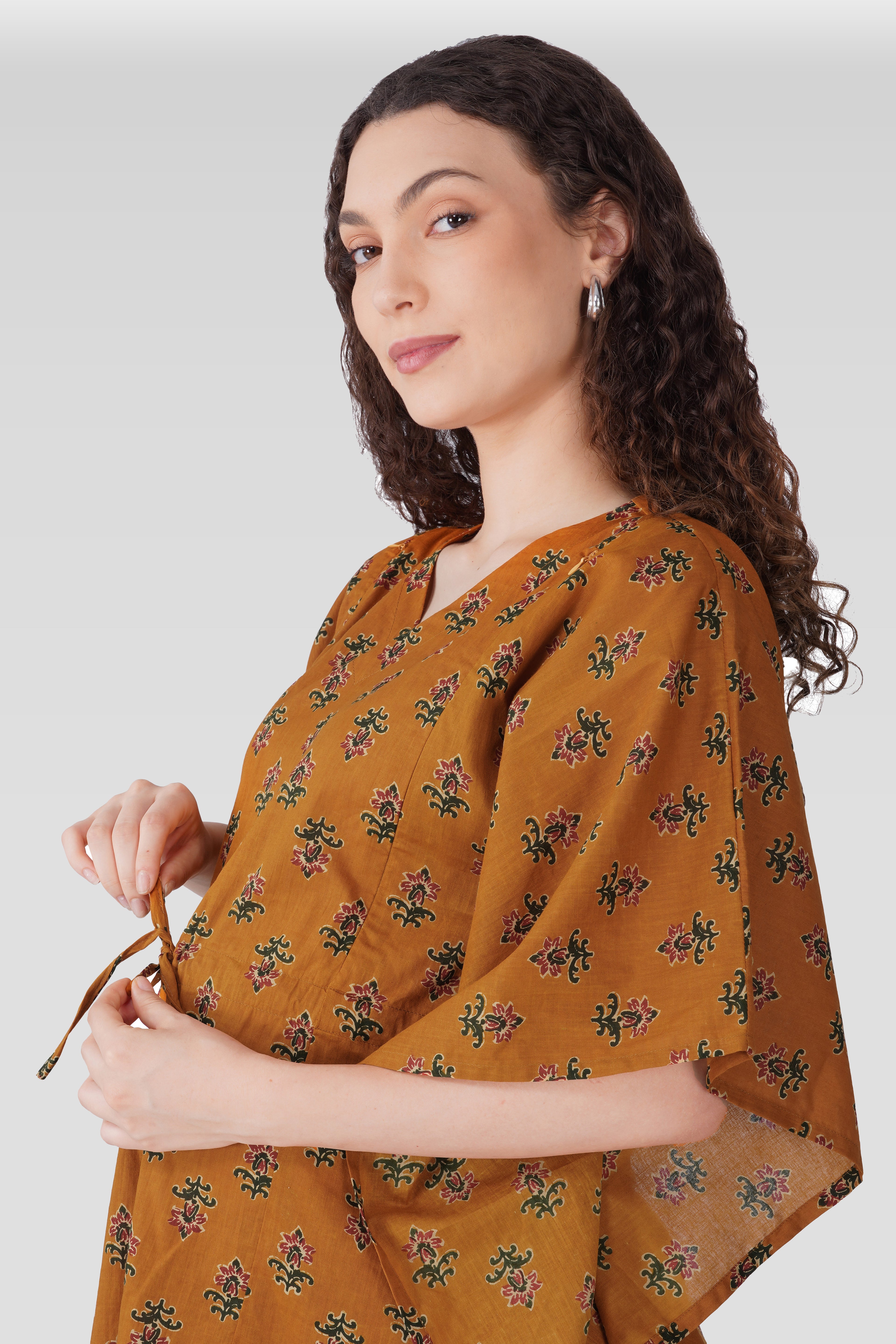 Amber Glow Cotton Printed Maternity and Feeding Kaftan Set