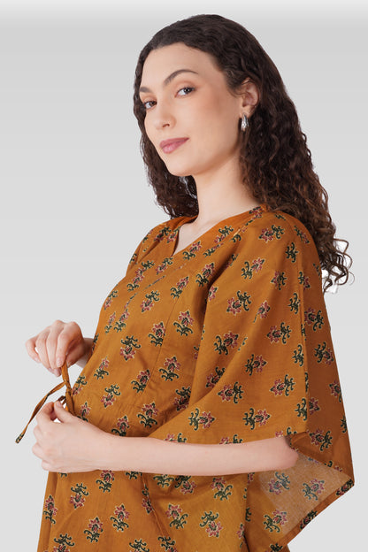 Amber Glow Cotton Printed Maternity and Feeding Kaftan Set