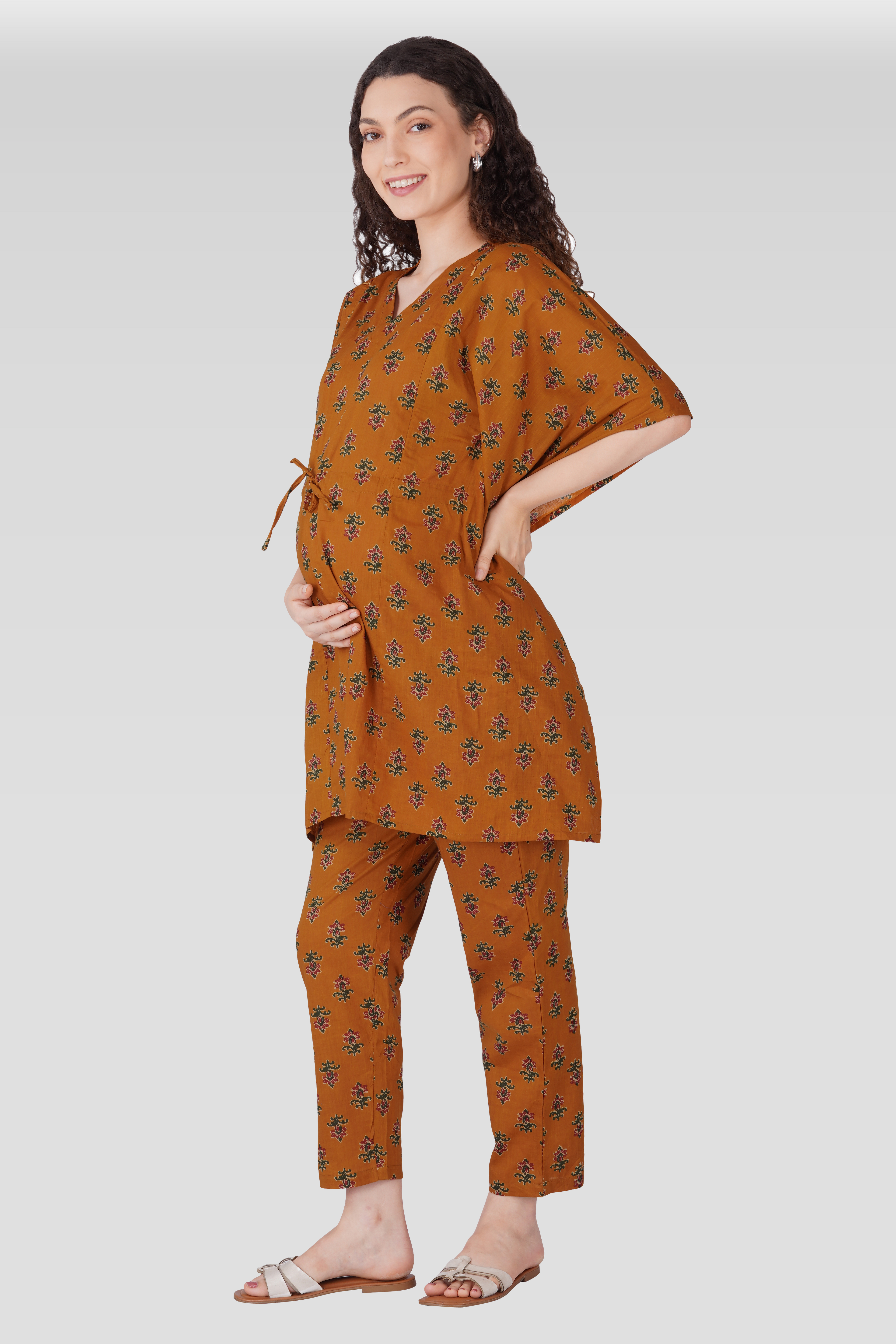 Amber Glow Cotton Printed Maternity and Feeding Kaftan Set