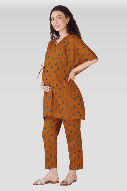 Amber Glow Cotton Printed Maternity and Feeding Kaftan Set