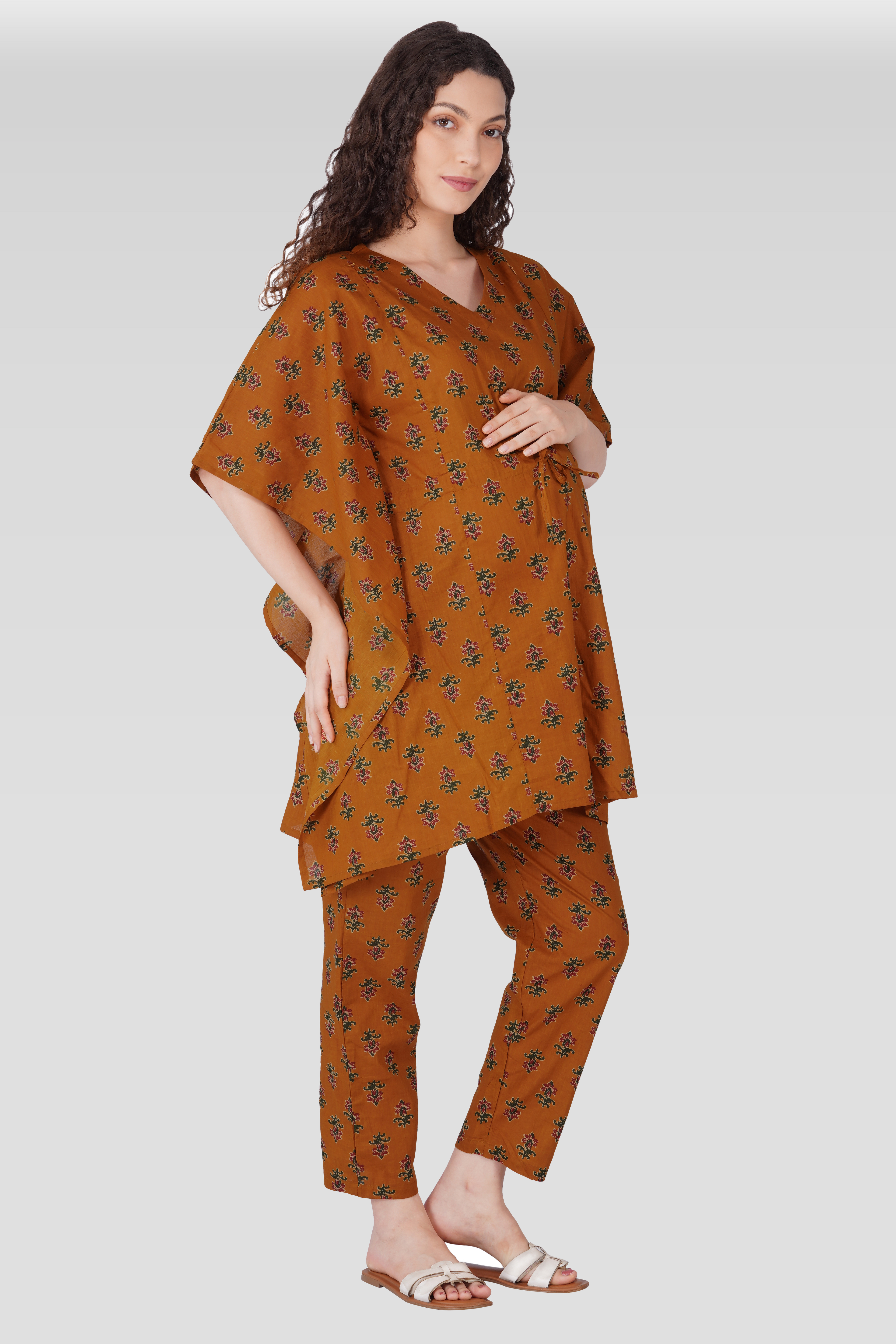 Amber Glow Cotton Printed Maternity and Feeding Kaftan Set