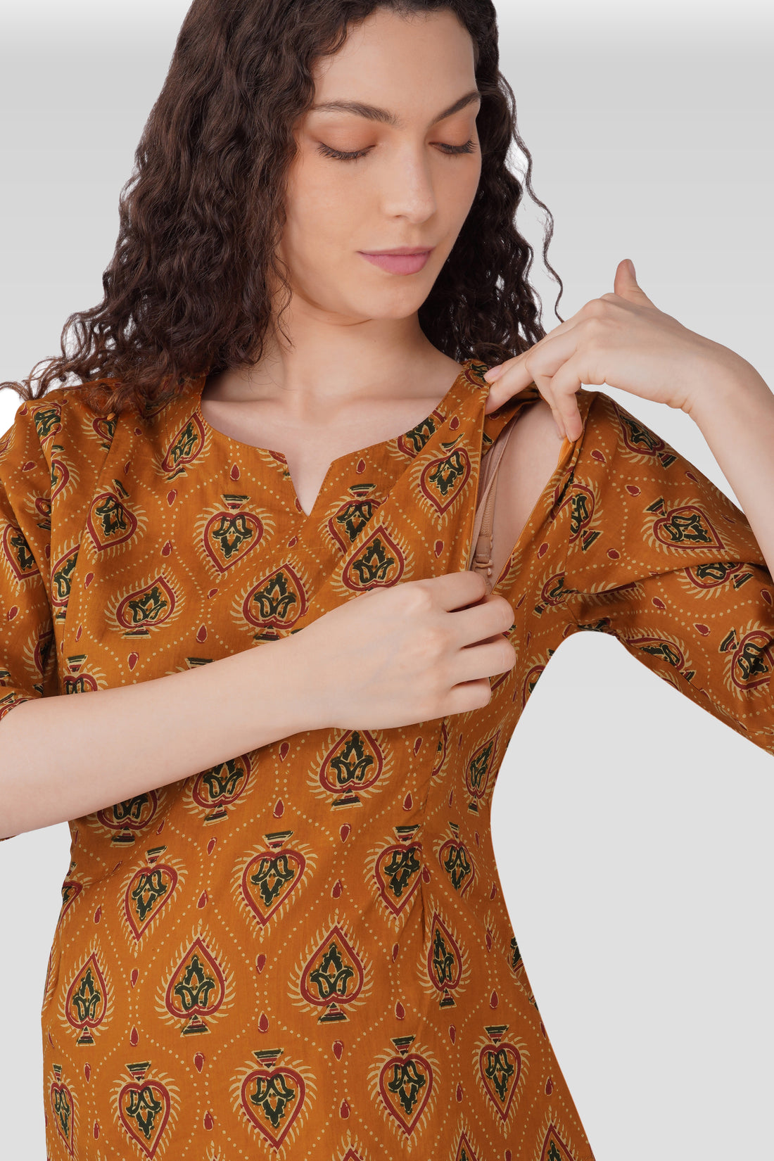 Amber Glow Cotton Printed Maternity and Feeding Pyjama Set