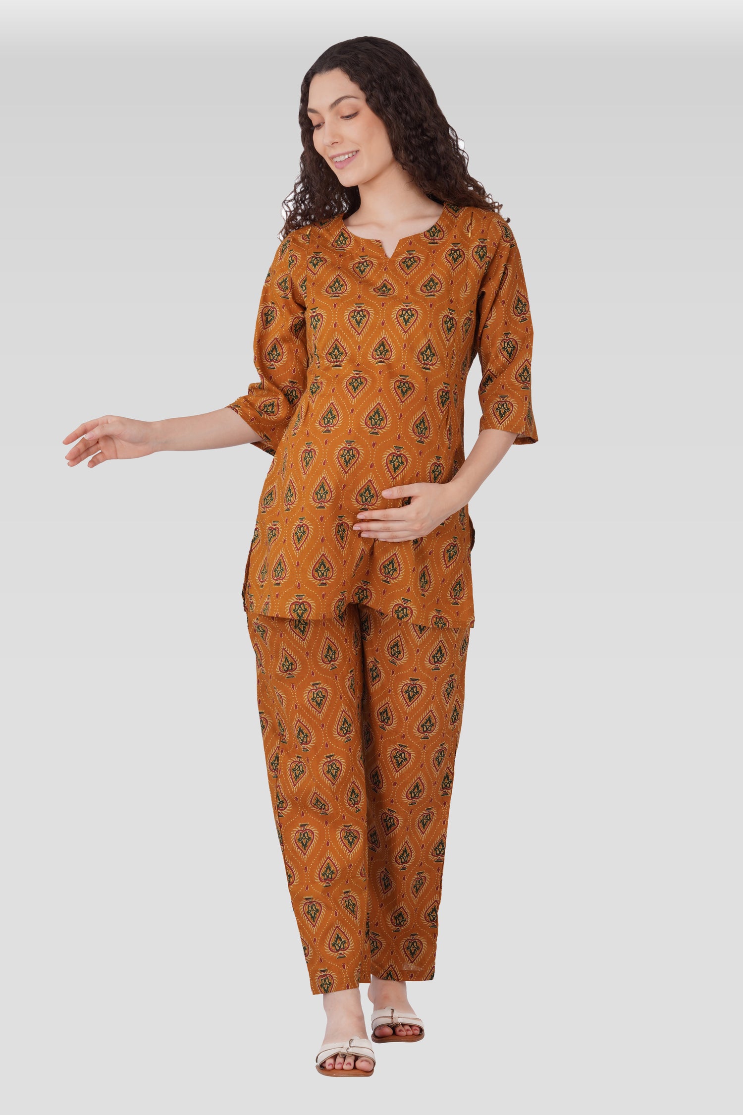 Amber Glow Cotton Printed Maternity and Feeding Pyjama Set