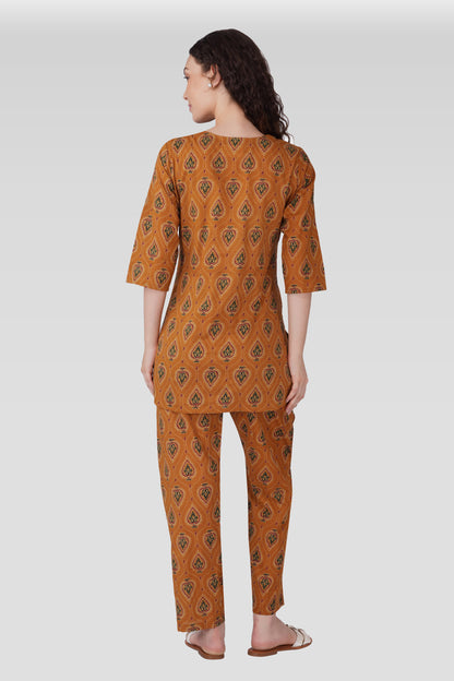 Amber Glow Cotton Printed Maternity and Feeding Pyjama Set