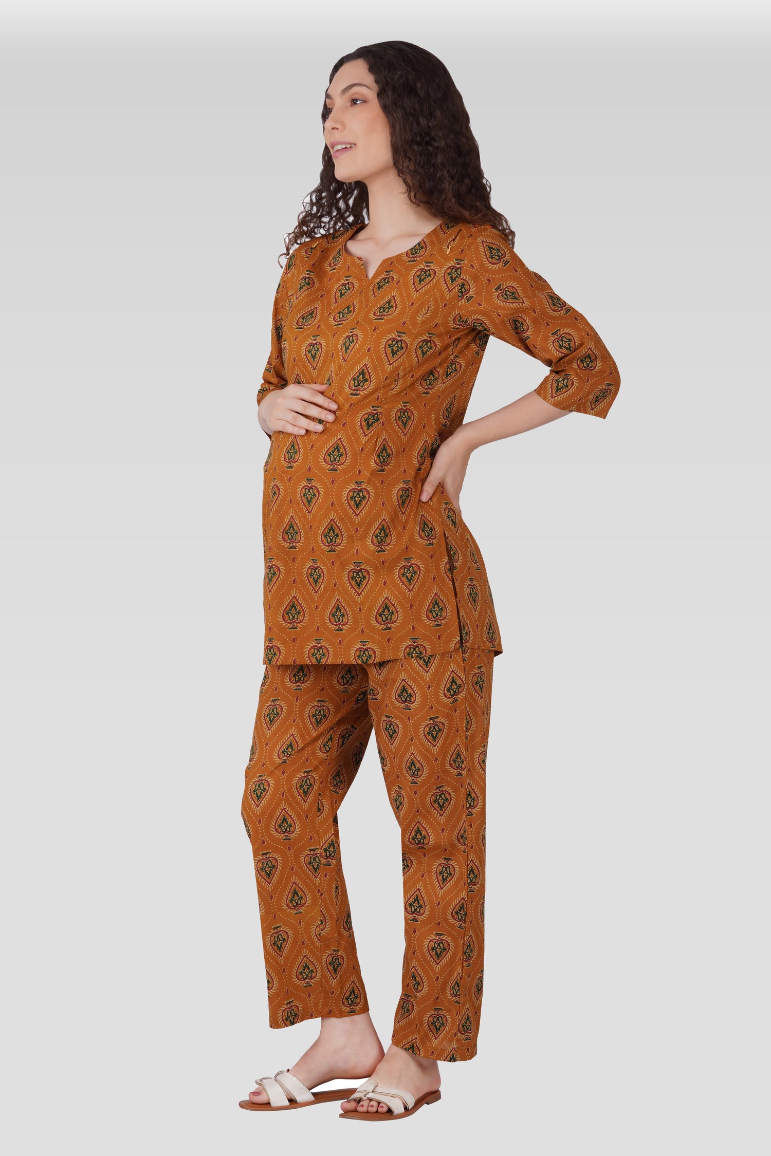 Amber Glow Cotton Printed Maternity and Feeding Pyjama Set