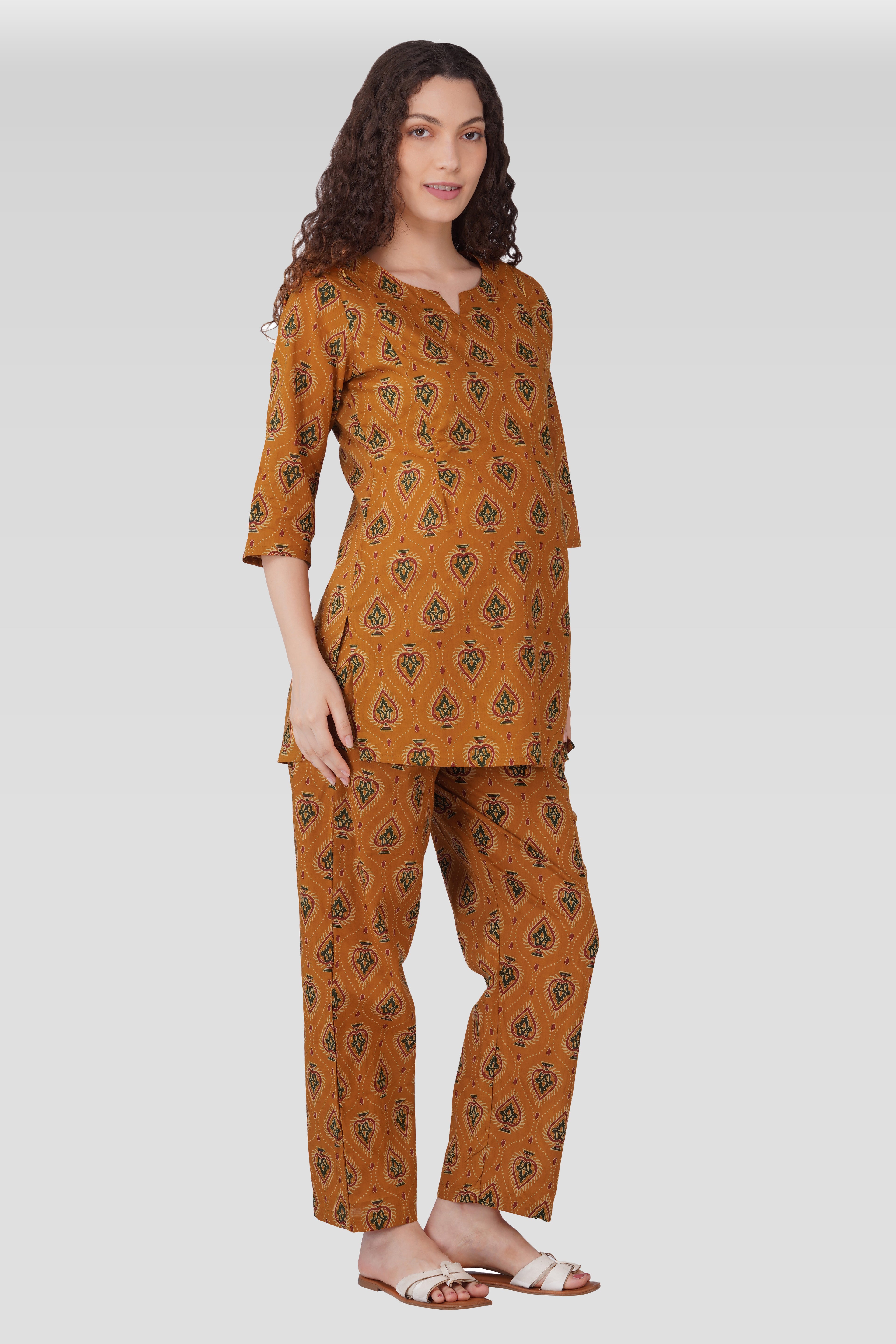 Amber Glow Cotton Printed Maternity and Feeding Pyjama Set