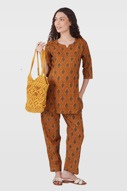 Amber Glow Cotton Printed Maternity and Feeding Pyjama Set