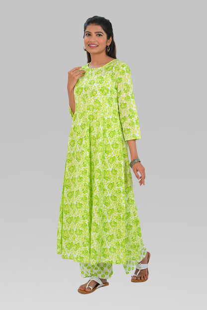Apple Green Cotton Printed Kurta Set