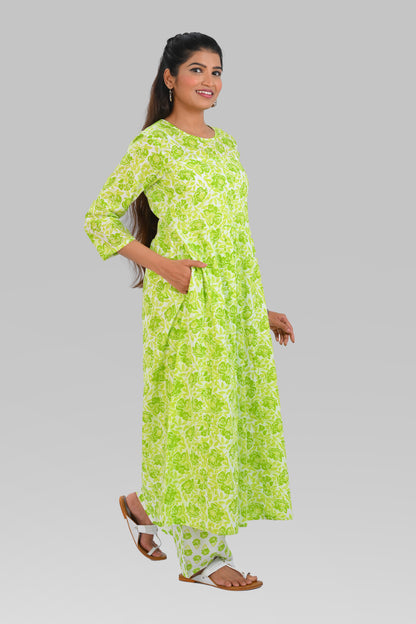 Apple Green Cotton Printed Kurta Set