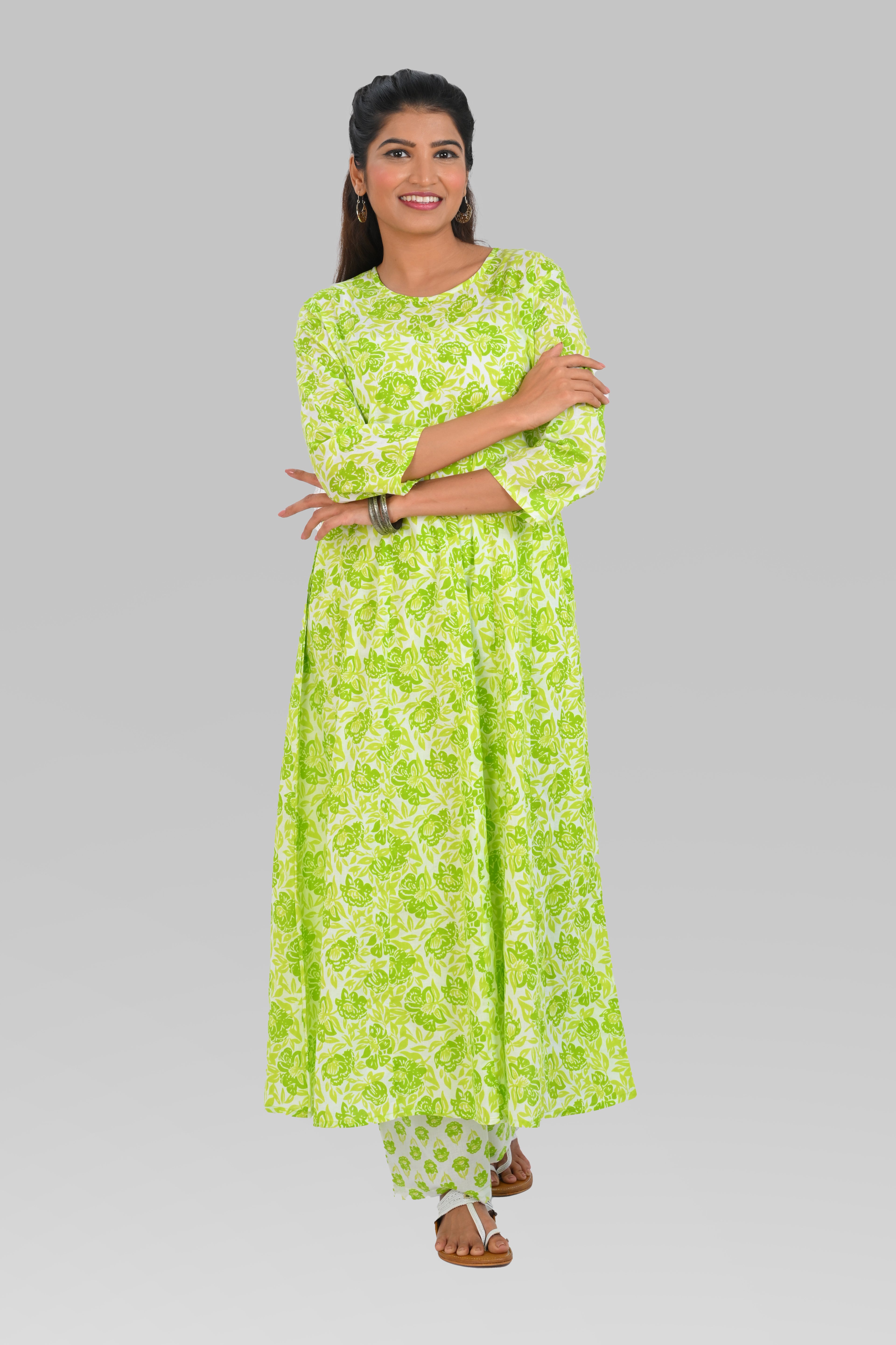 Apple Green Cotton Printed Kurta Set