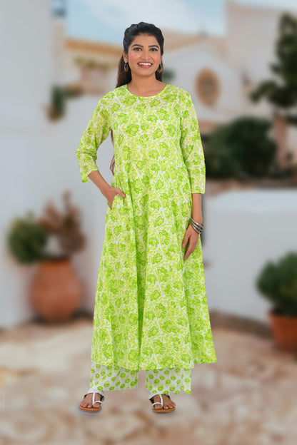 Apple Green Cotton Printed Kurta Set