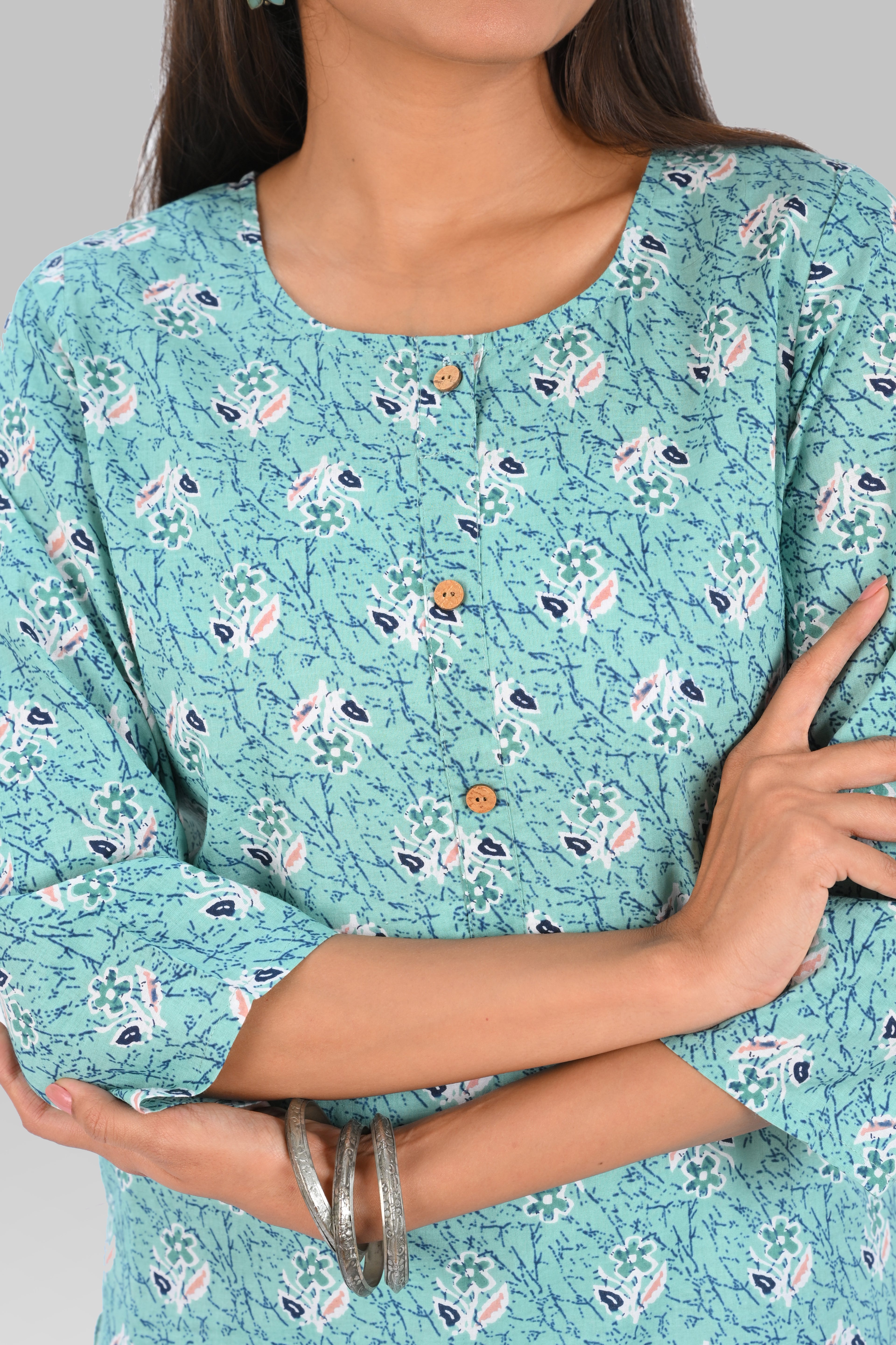 Aqua Blue Cotton Printed Long Kurta