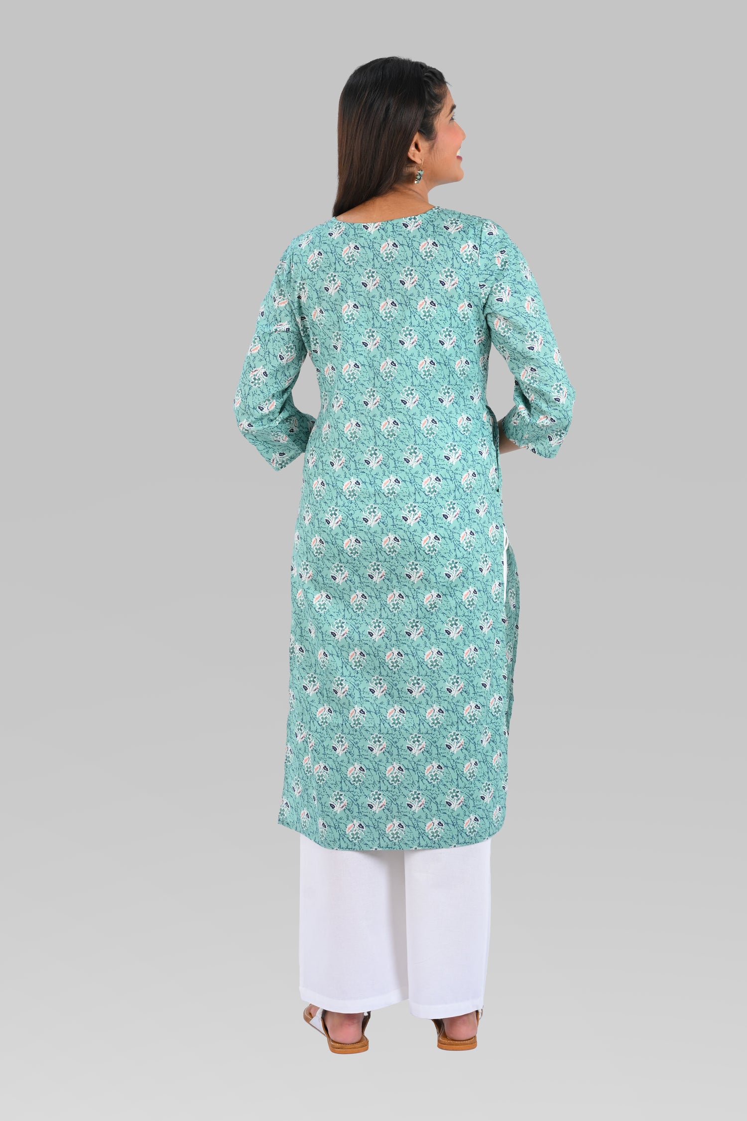 Aqua Blue Cotton Printed Long Kurta