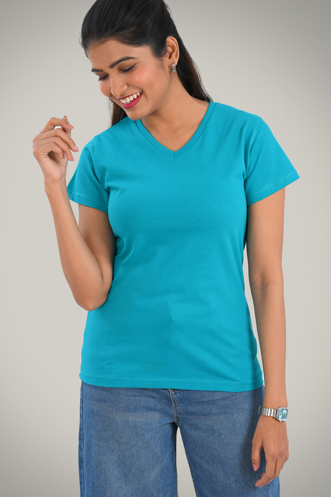 Aqua Blue Cotton V Neck T-Shirt