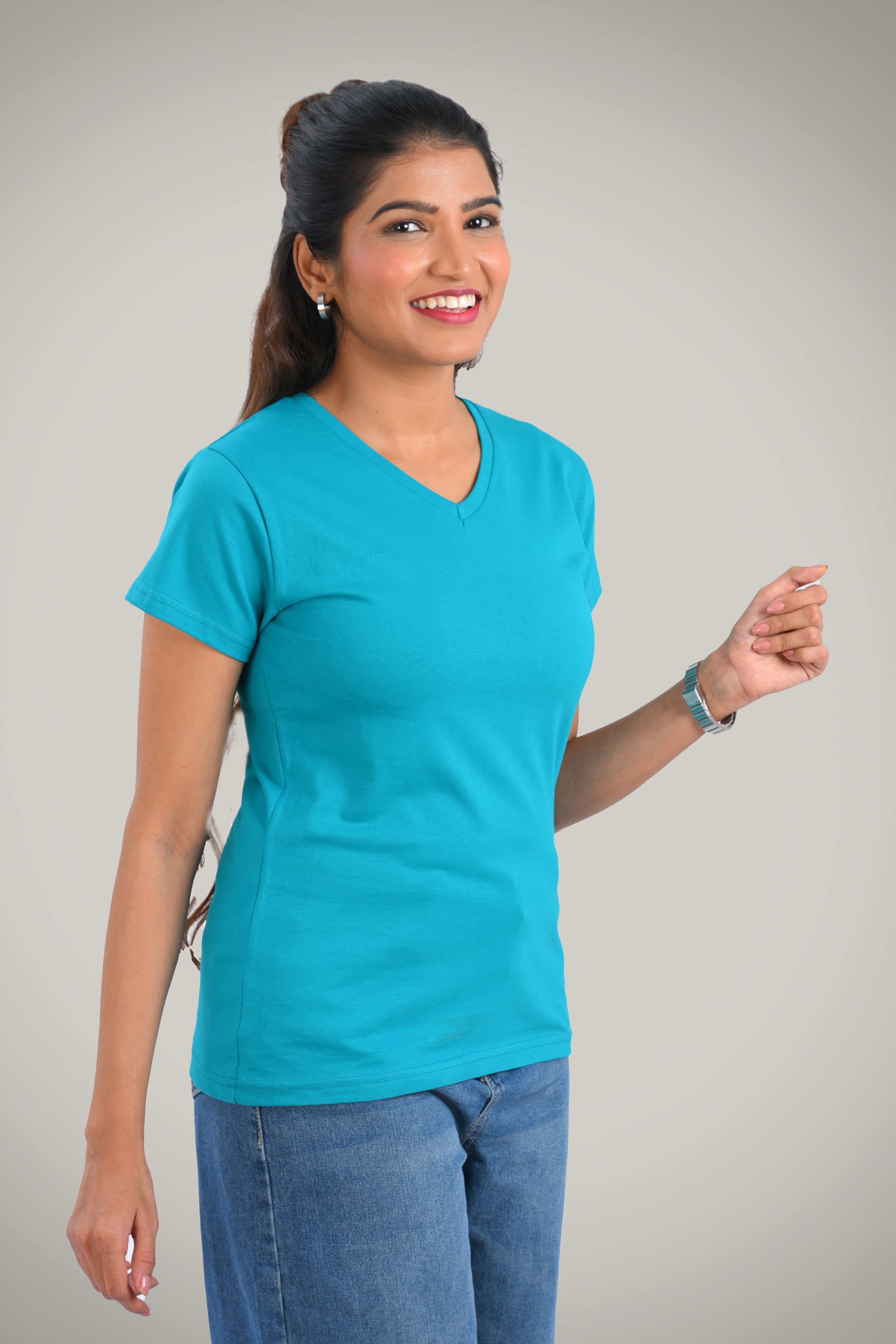Aqua Blue Cotton V Neck T-Shirt