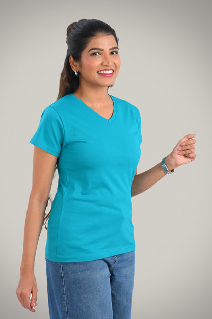 Aqua Blue Cotton V Neck T-Shirt