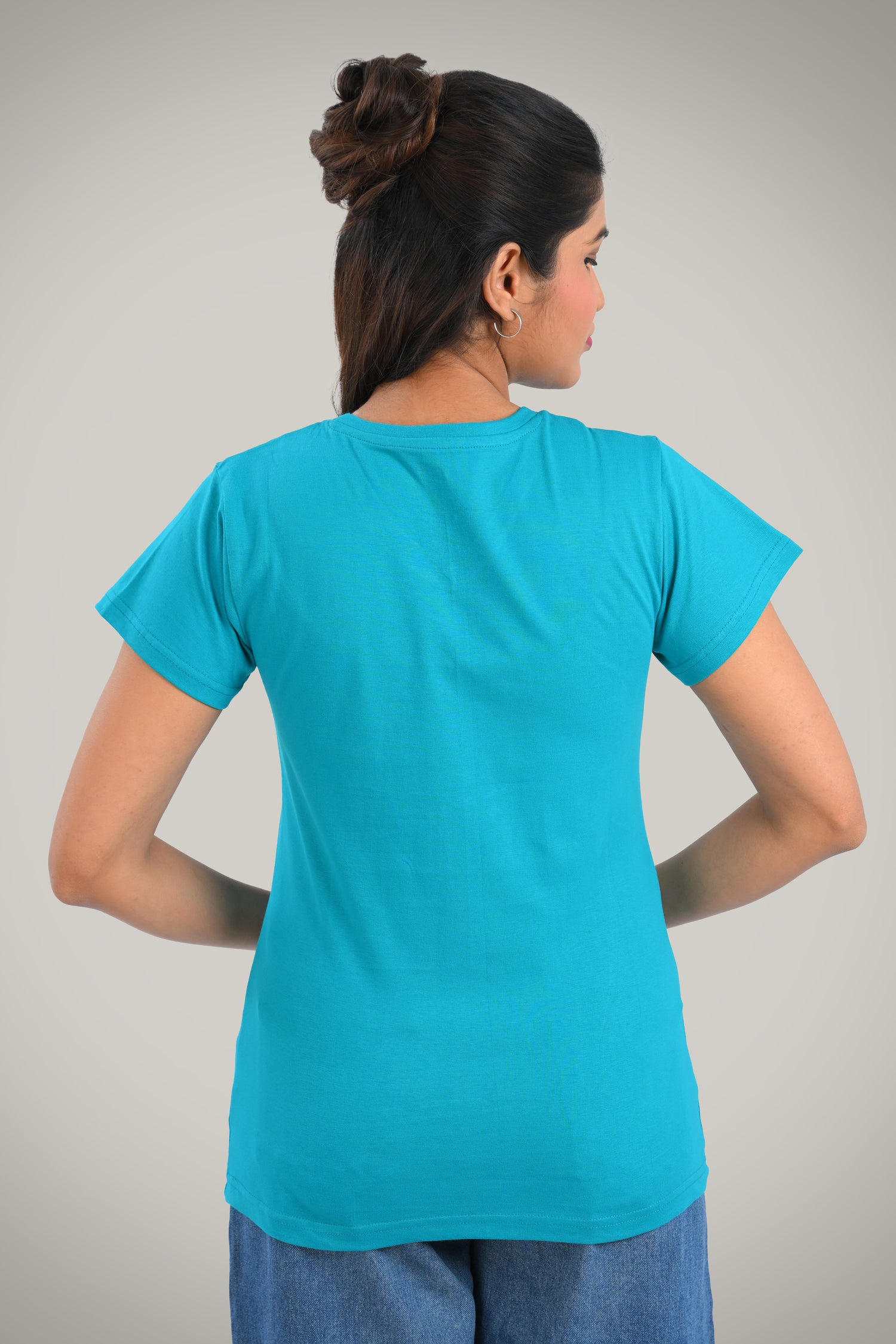 Aqua Blue Cotton V Neck T-Shirt