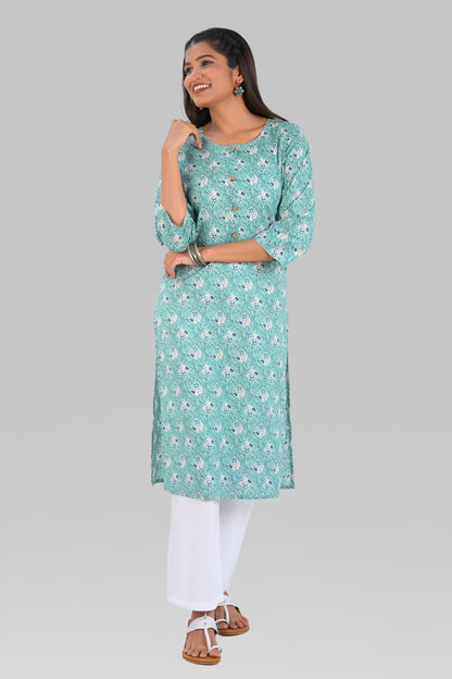 Aqua Blue Cotton Printed Long Kurta