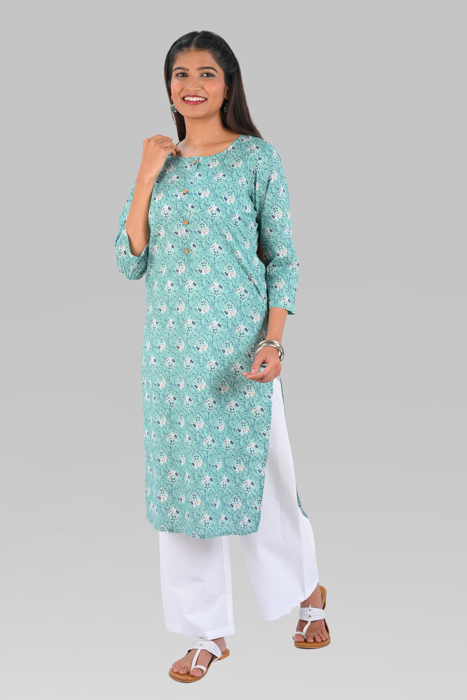 Aqua Blue Cotton Printed Long Kurta
