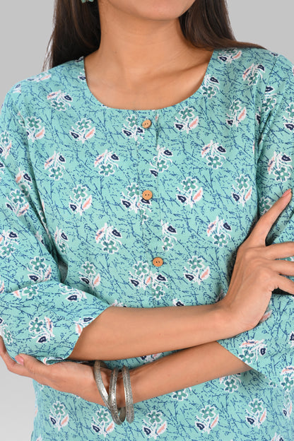 Aqua Blue Cotton Printed Long Kurta