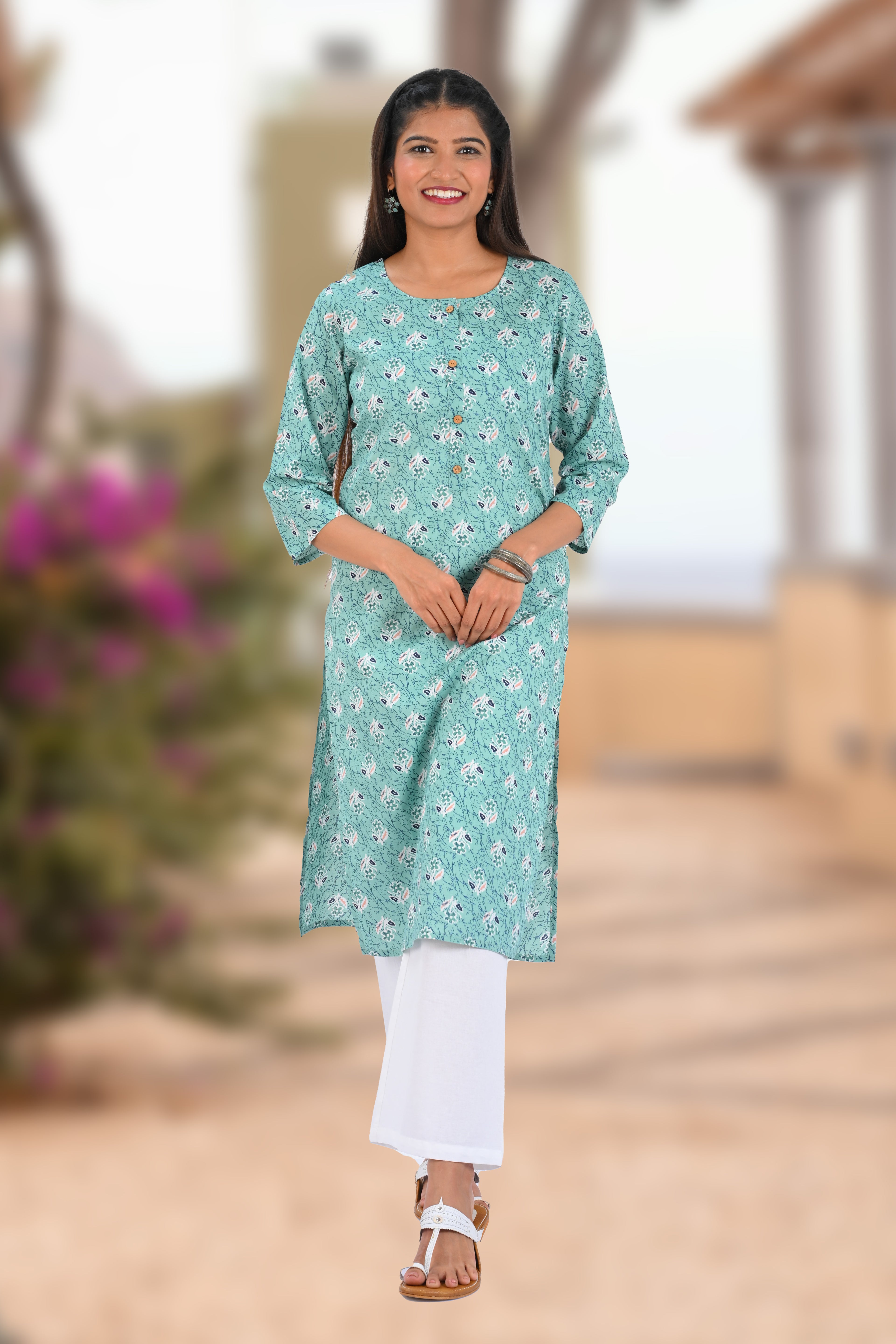 Aqua Blue Cotton Printed Long Kurta