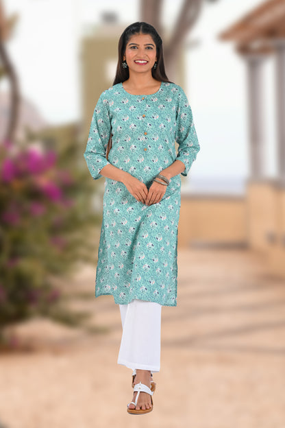 Aqua Blue Cotton Printed Long Kurta