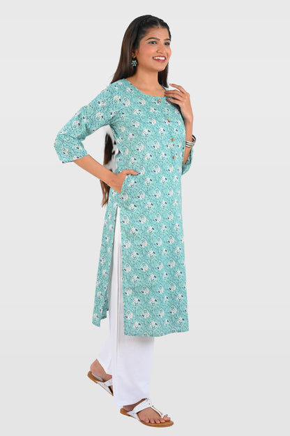 Aqua Blue Cotton Printed Long Kurta
