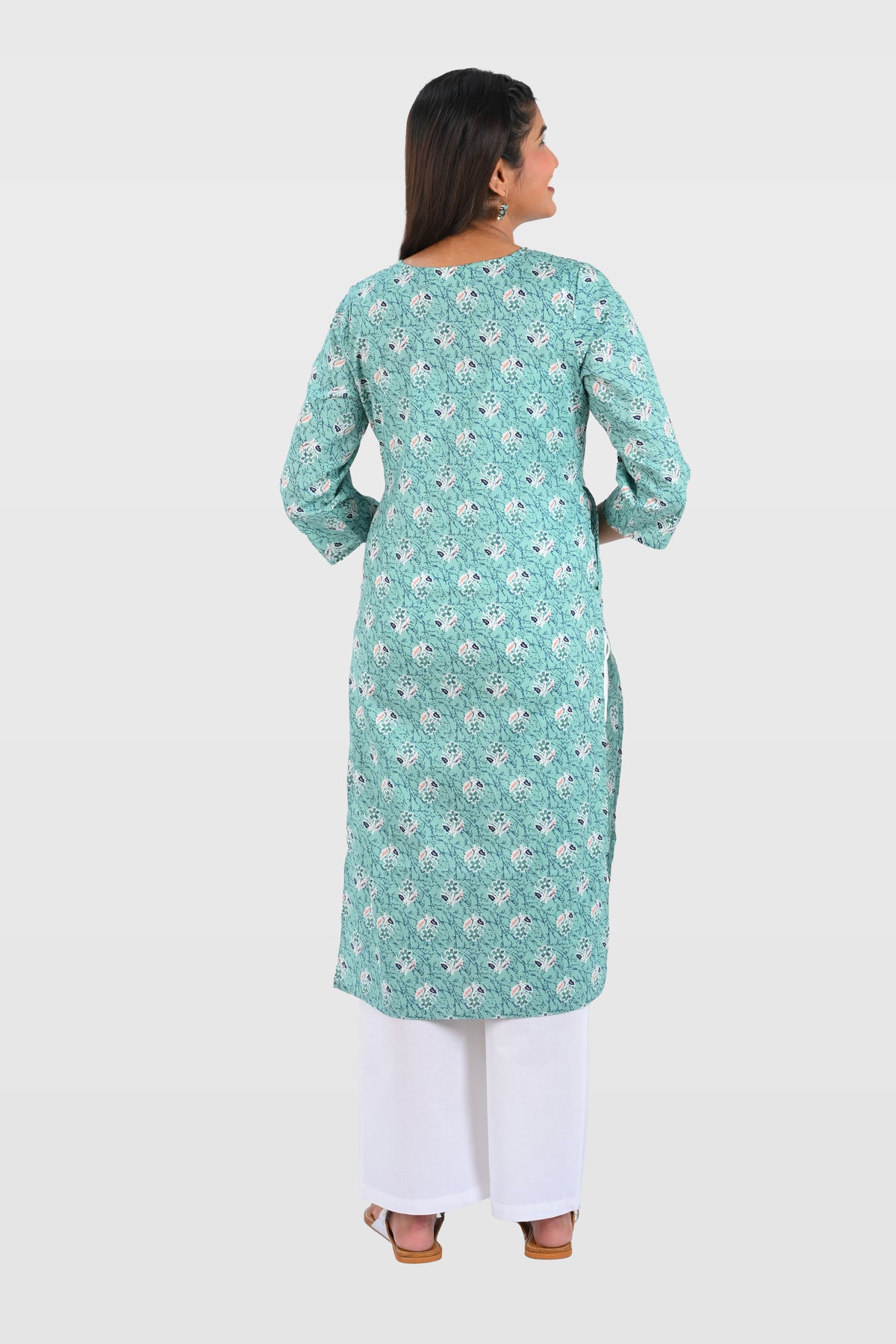 Aqua Blue Cotton Printed Long Kurta