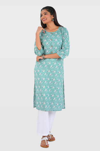 Aqua Blue Cotton Printed Long Kurta