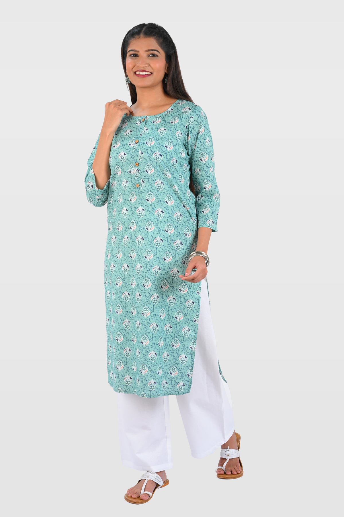 Aqua Blue Cotton Printed Long Kurta