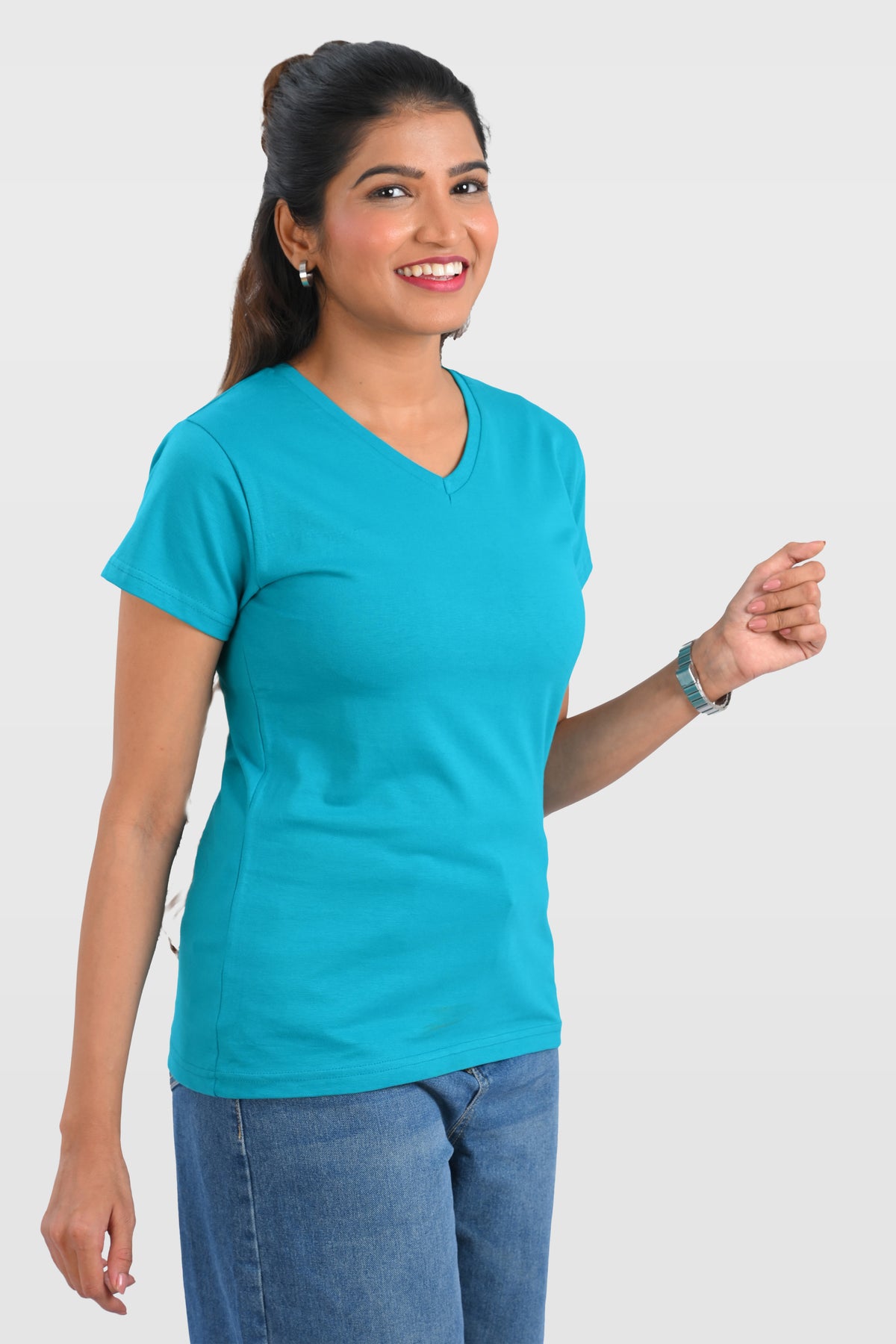 Aqua Blue Cotton V Neck T-Shirt