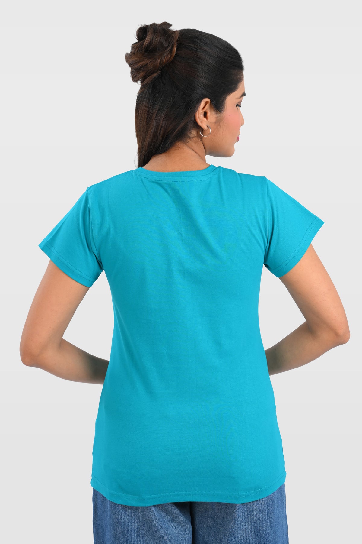 Aqua Blue Cotton V Neck T-Shirt
