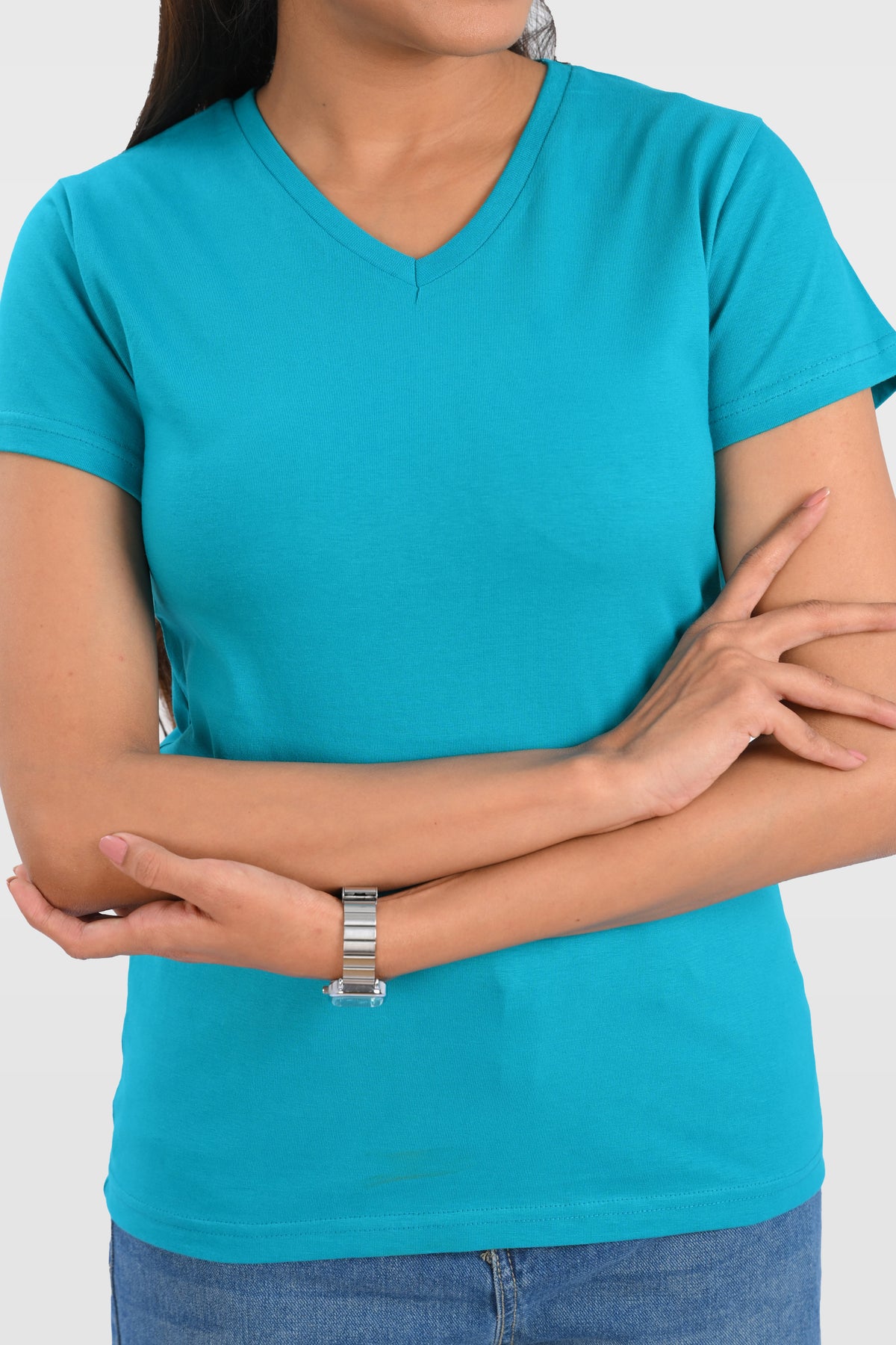 Aqua Blue Cotton V Neck T-Shirt