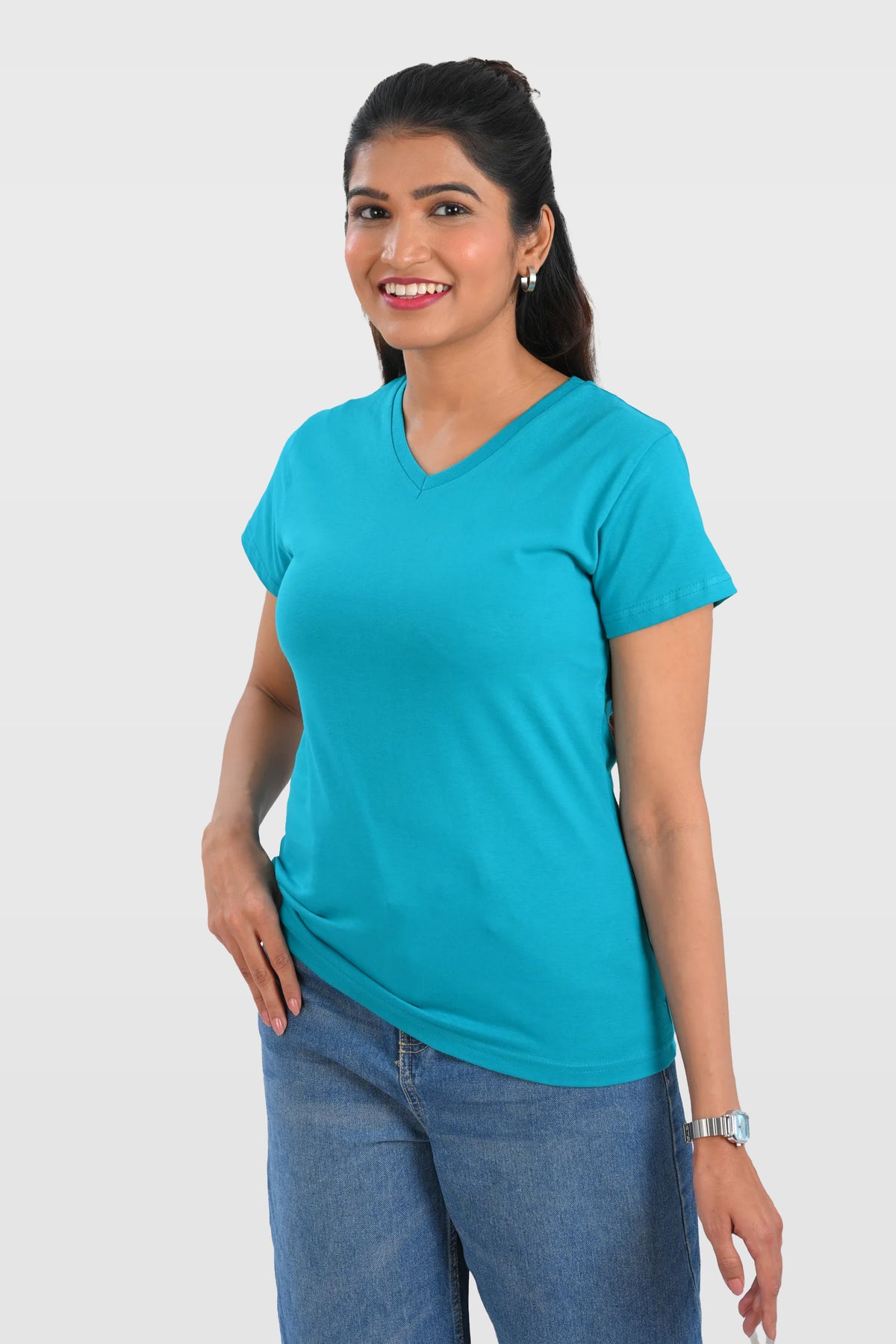 Aqua Blue Cotton V Neck T-Shirt