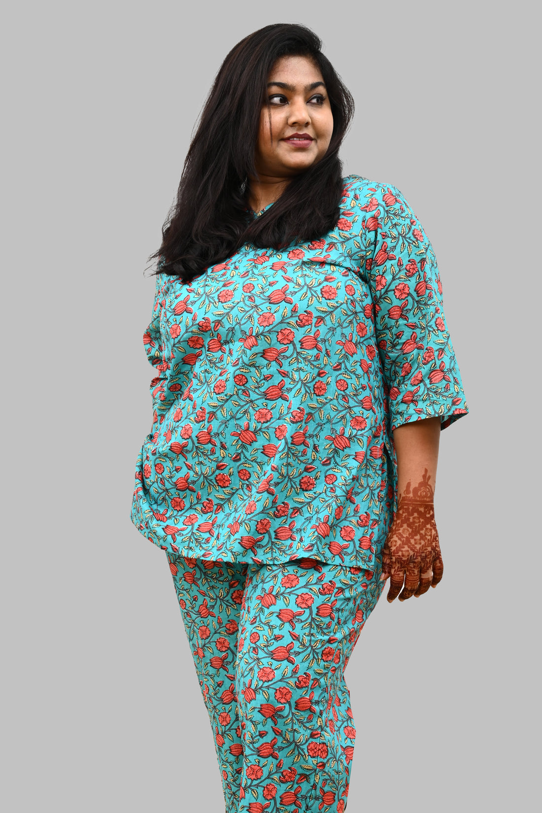 Aqua Blue Plus Size Cotton Printed Pyjama Set