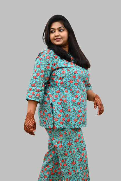 Aqua Blue Plus Size Cotton Printed Pyjama Set